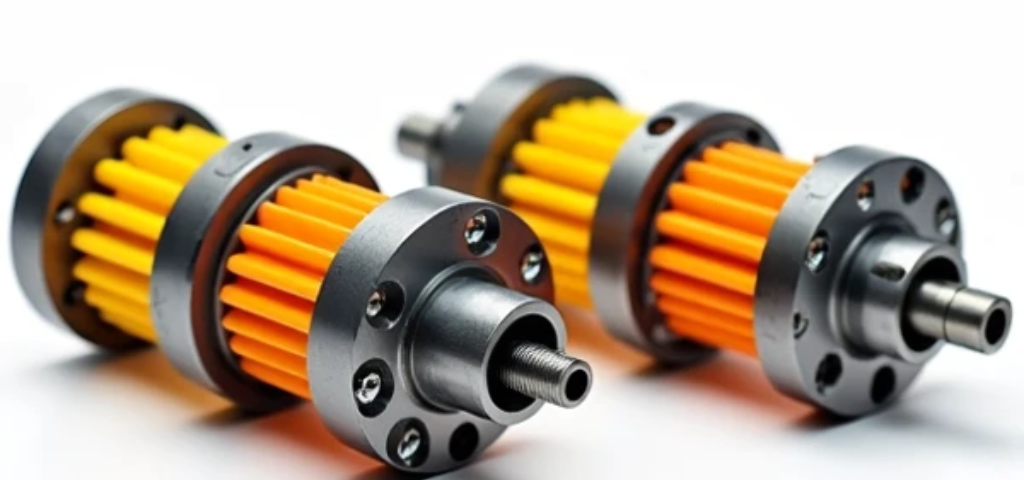 A high-quality product photograph of industrial flexible jaw couplings and pin bush couplings, Rathi brand style, arranged on a clean white background, 600x600px square format, showing cast iron hubs with polyurethane spider elements in yellow/orange, professional industrial product photography lighting, sharp focus, no text overlay, suitable for e-commerce or technical article header image