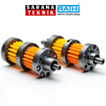 A high-quality product photograph of industrial flexible jaw couplings and pin bush couplings, Rathi brand style, arranged on a clean white background, 600x600px square format, showing cast iron hubs with polyurethane spider elements in yellow/orange, professional industrial product photography lighting, sharp focus, no text overlay, suitable for e-commerce or technical article header image