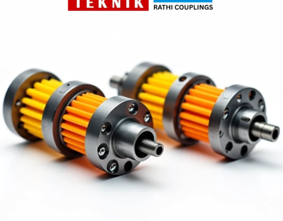 A high-quality product photograph of industrial flexible jaw couplings and pin bush couplings, Rathi brand style, arranged on a clean white background, 600x600px square format, showing cast iron hubs with polyurethane spider elements in yellow/orange, professional industrial product photography lighting, sharp focus, no text overlay, suitable for e-commerce or technical article header image
